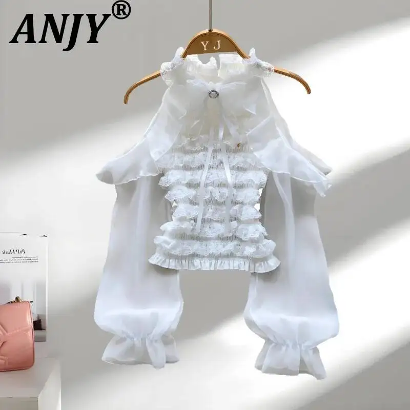

ANJY Новая женская элегантная модная блузка с открытыми плечами, сетчатыми длинными рукавами и кружевными вставками, приталенного кроя, весна-лето A23397
