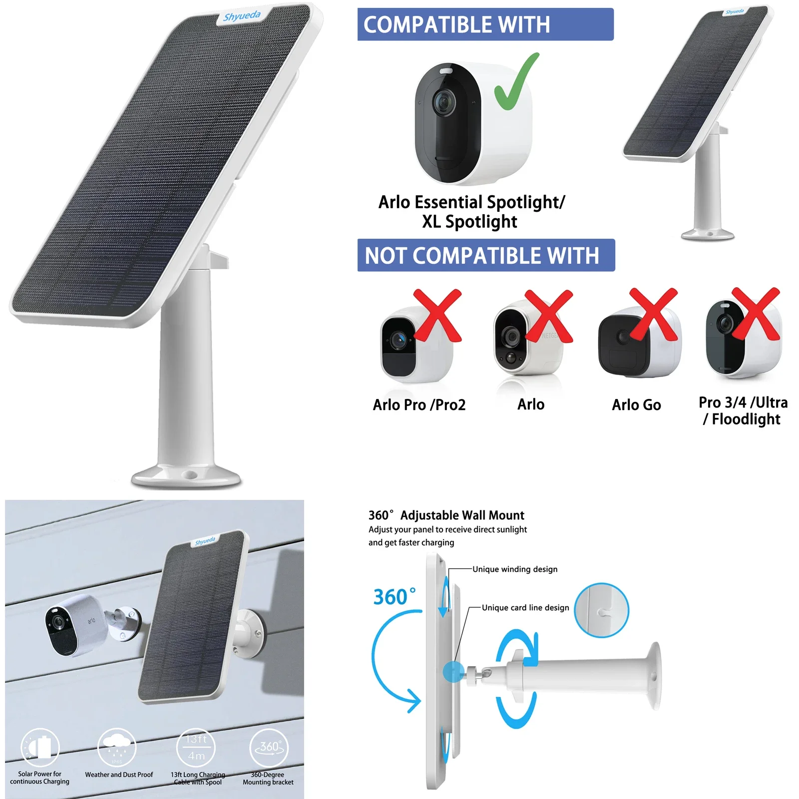 New 4W Solar Panel Charging for Arlo Essential Spotlight / XL Spotlight cable mount (White)