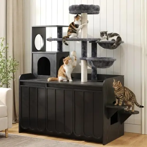 2-in-1 Wooden Cat Condo with Sisal Scratching Post and Litter Box Enclosure, Black - view 3
