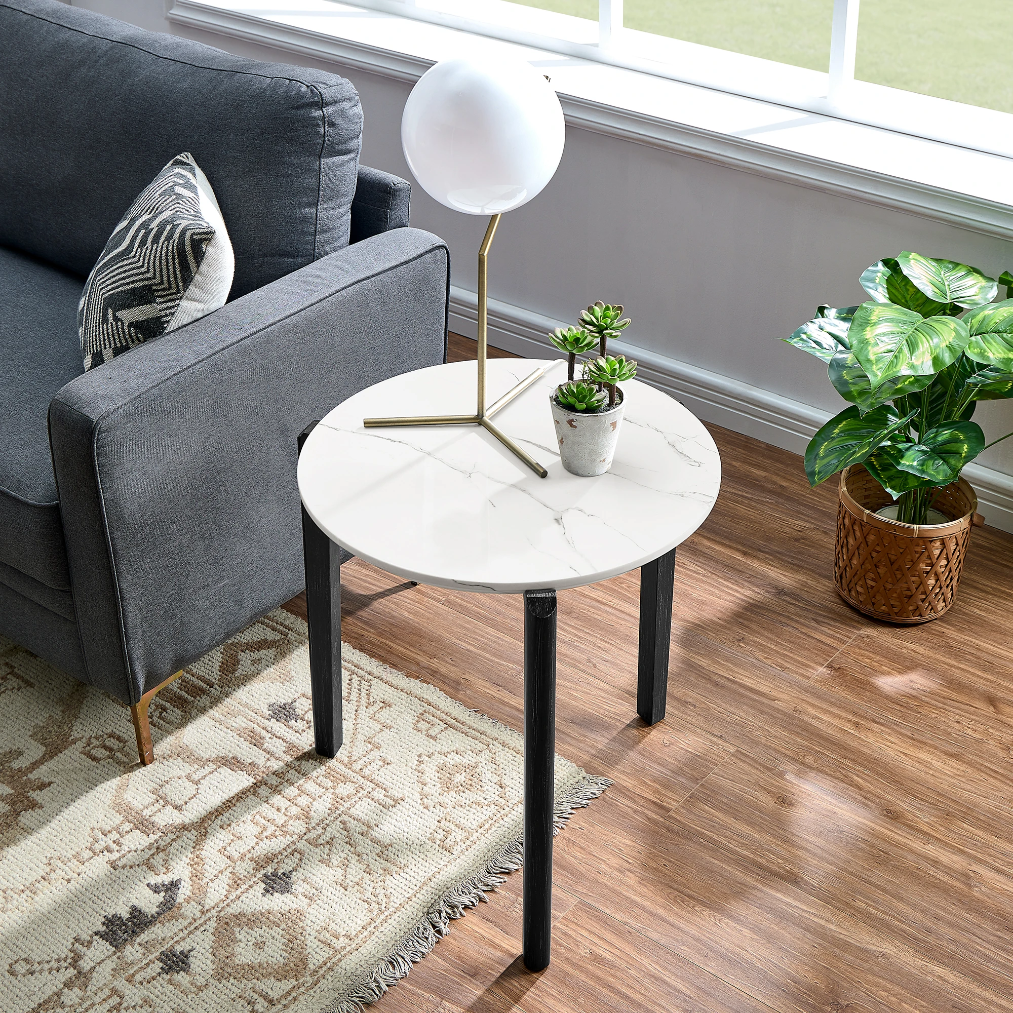 

Modern 24-Inch Round Coffee Table with Imitation Marble Top and Rubber Wood Legs for Living Room and Office