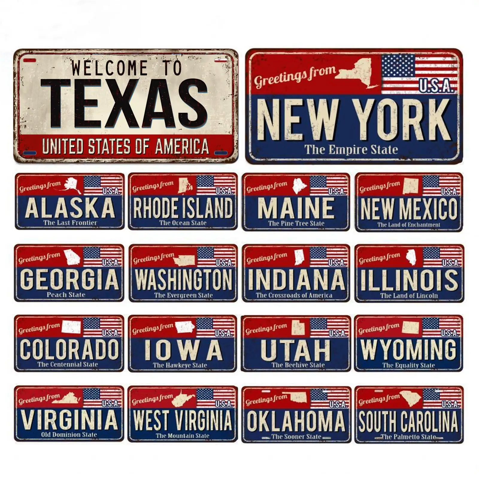 Vintage Texas Florida Utah Rusty Aluminum Sign With American Flag Decorative Car Front License Plate Novelty Metal Car Plate Tag