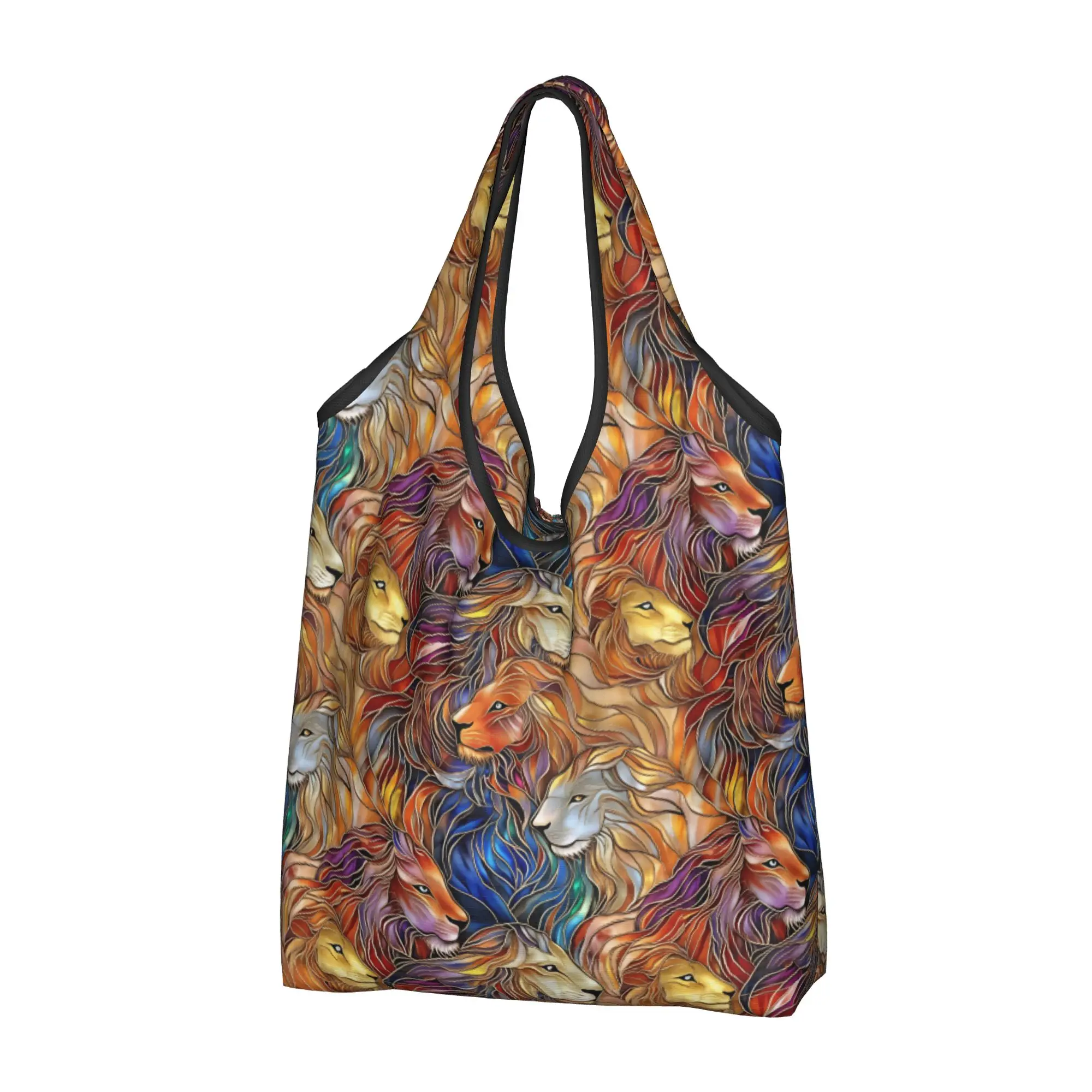 Colorful Glass Lion Groceries Tote Shopping Bags Women Cute Stained Wildlife African Shoulder Shopper Bags Big Capacity Handbags