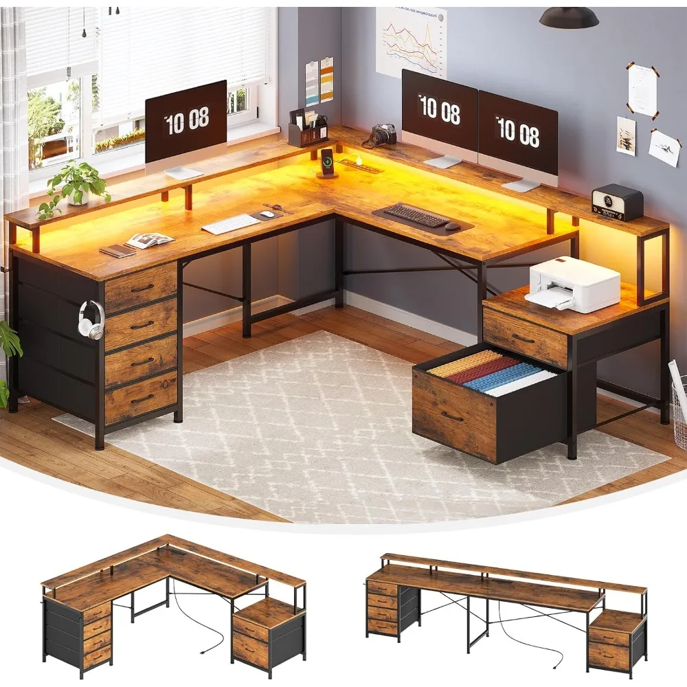 

L Shaped Desk with Drawer, Home Office Desk with File Drawer & Power Outlet, Corner Computer Desk with Monitor Shelf