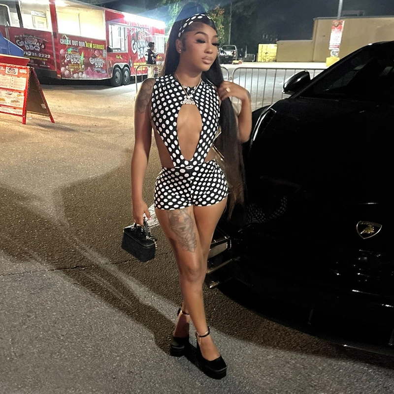 

STYLISH LADY Polka Dots Hollow Out 2 Piece Set Women Sleeveless O Neck Bodysuit and Shorts Suits 2025 Sexy Club Party Outfits
