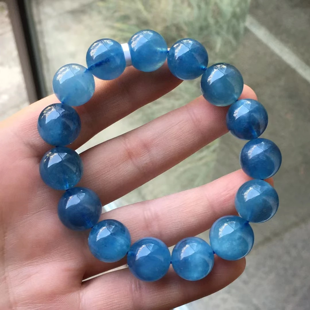 

Genuine Natural Blue Aquamarine Clear Round Beads Bracelet 14mm Big Women Men Brazil Stretch Blue Aquamarine Jewelry AAAAA