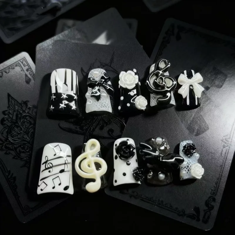 

10PCS Y2K Black White Handmade Nails with Hand Painted Music Note Lace Design Press on Nails French Hot Girl Stylish False Nails