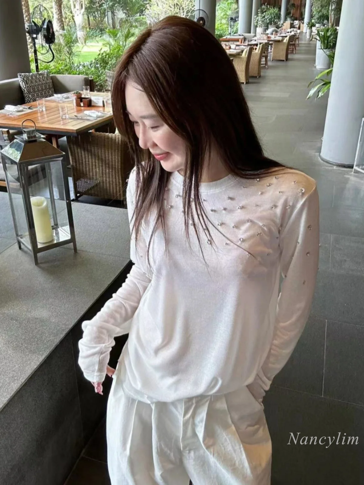 Summer Autumn Tshirt for Women New Simple Style Rhinestone Beaded Design Thin Sun Protection Long Sleeve T-shirts Top