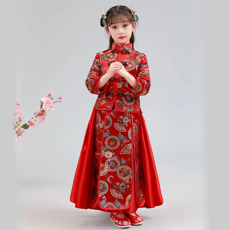 

Детское платье Xiuhe в китайском стиле, детский костюм Cheongsam, детский костюм Тан для маленьких девочек, новогодний древний костюм Hanfu S