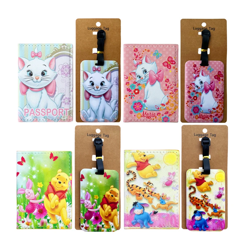 1Set Winnie Pooh Bear Passport Cover and Luggage Tags Travel Passport Holder Baggage Tag Business ID Card Holder Luggage Label