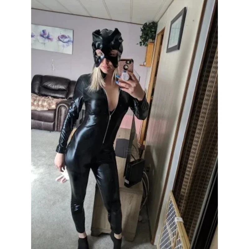 Black wetlook faux leather long sleeve zipper open crop catsuit with cat mask cone Cat Women cosplay Halloween costume as7211