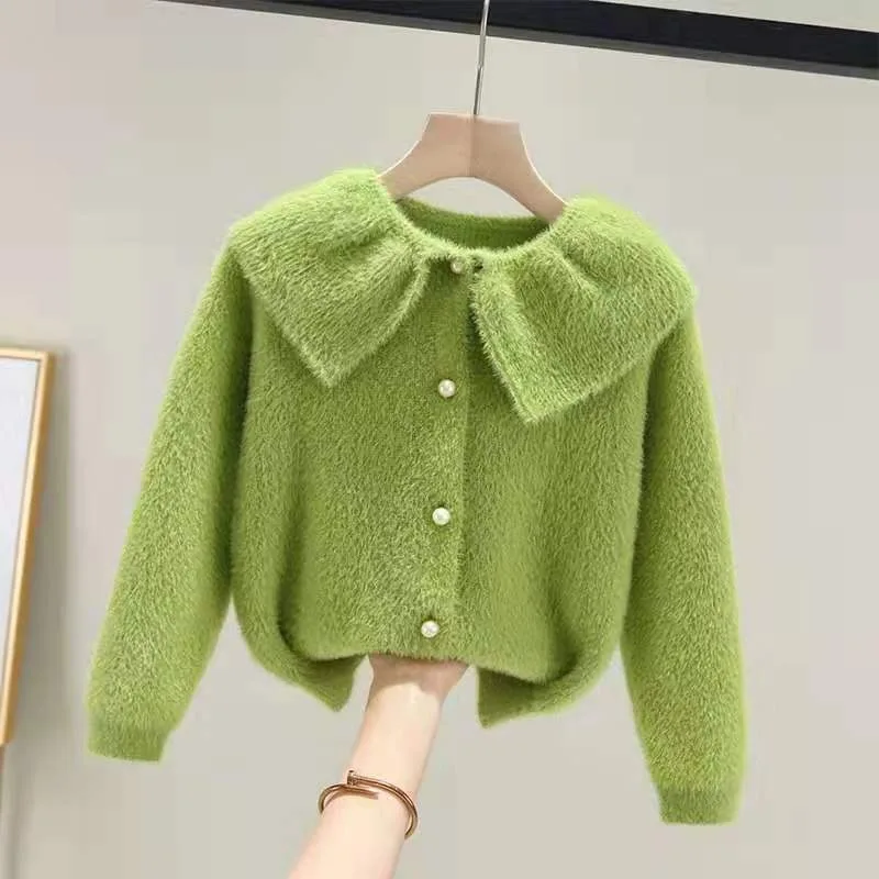 

2025 New Spring/Fall Kids Korean Style Lightweight Mink Cashmere Sweater Cardigan for Girls - Stylish Thin Knit Jacket
