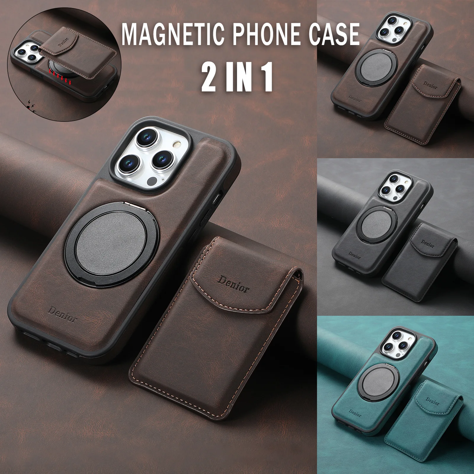 360° Rotation Magnetic Ring Holder Leather Case for iPhone 15 14 13 12 16 17 18 Pro Max Plus Detachable Wallet Card Bag Cover