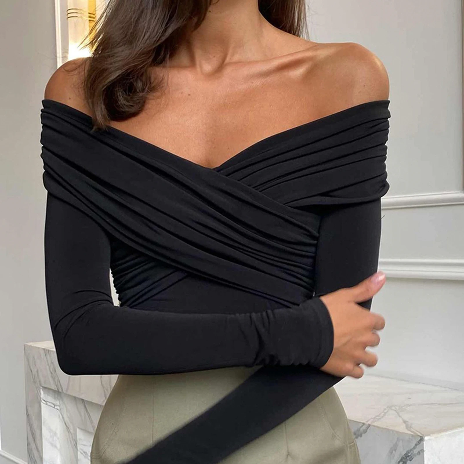 Off Shoulder Cross Tops Women Shirts Fashion Front Cross Long Sleeve Slim Fit Tops Elegant Ladies Blouses Clubwear Streetwear