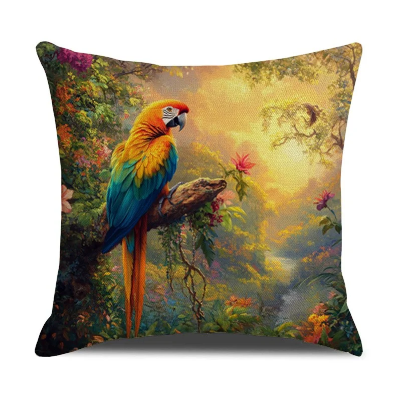 Stunning Watercolor Macaw Parrot Throw Pillow Case– Sunlit Tropical Rainforest Scene, Luxurious Exotic Home Accent Cushion Cover