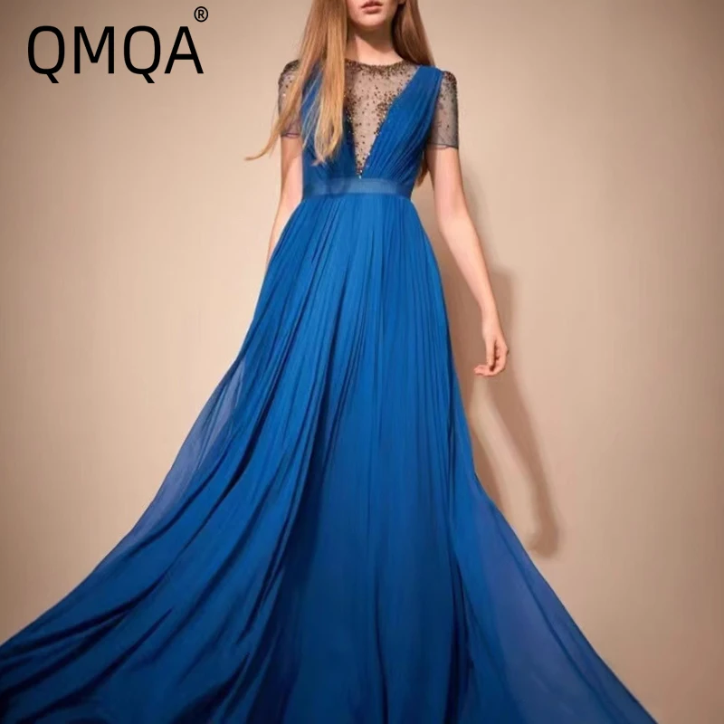 

QMQA Fashion Women's Elegant Dress Perspective Round Neck Splicing High Waist Folding Large Swing Short Sleeve Dress New QM262