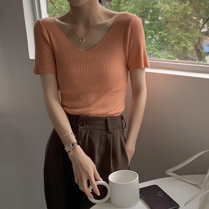 2024 Basic V-neck Solid Thin Summer Women Pullover Female Knitted Ribbed Sweater Slim Short Sleeve Bodycon Sweater