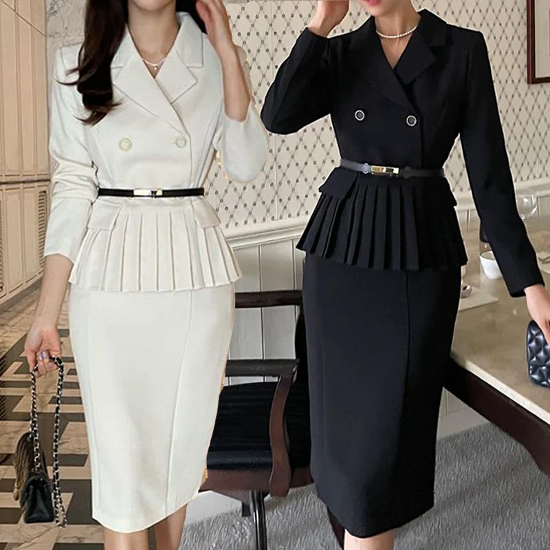 Autumn Spring Office Ladies Two Piece Set Women Notched Double-Breasted White Ruffles Belt Blazer Tops + Split Pencil Skirt Suit