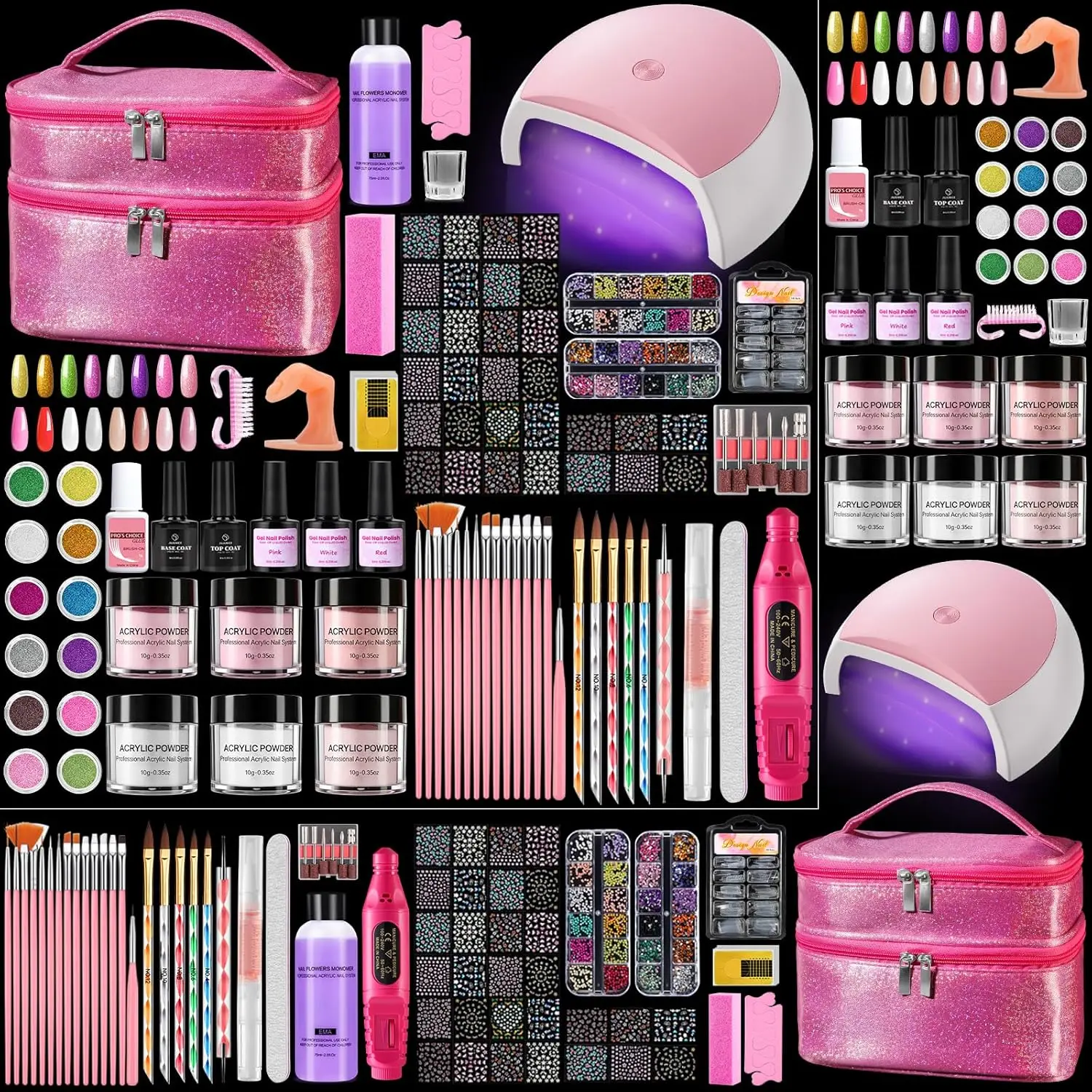 Nail Kit for Beginners with Everything: Professional Acrylic Powder Liquid Set with Drill U V Light Practice Finger in Cosmetic