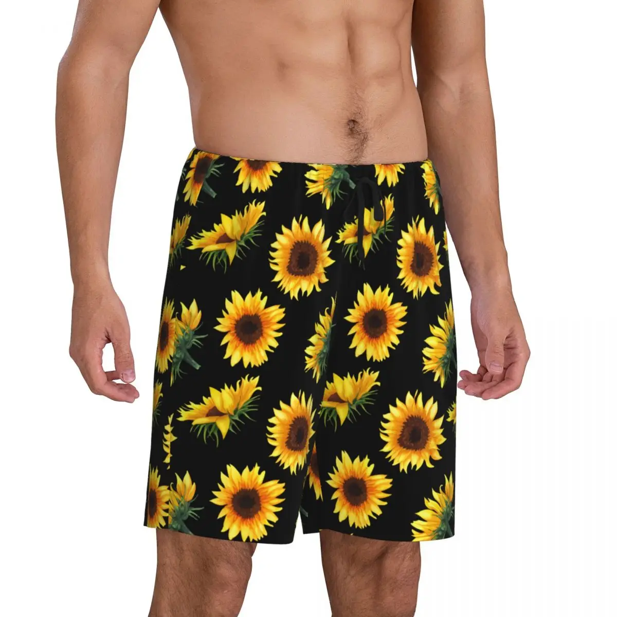 Custom Sunflower Art Pajama Bottoms for Men Lounge Sleep Shorts Drawstring Sleepwear Pjs with Pockets