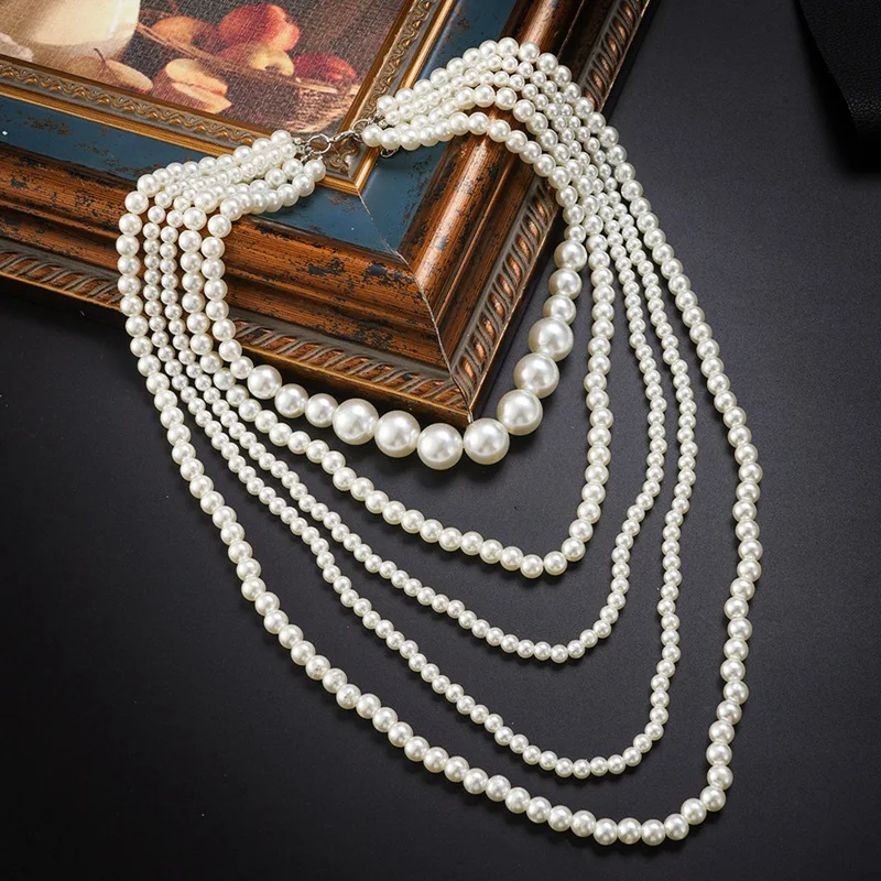 Vintage Imitation Pearl Choker Necklace Art Decor Flapper for Women White Multi-layer Imitation Pearl Necklace Sweater Chain