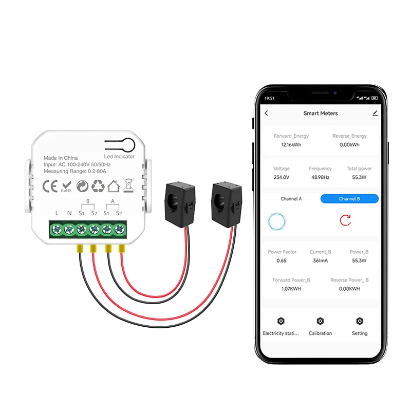 Tuya WiFi Smart Energy Meter with 2‑Channel 80A CT Clamps, Bidirectional Power Monitor, Real‑time Voltage Current KWh Tracking,