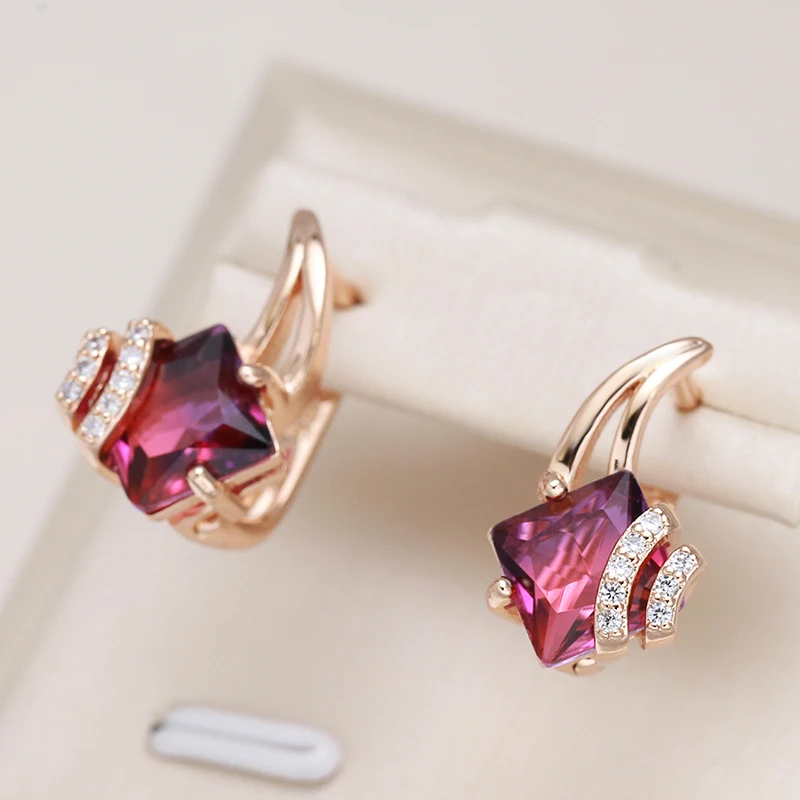 Kinel Hot Square Red Natural Zircon Earrings for Women 585 Rose Gold Color Geometry Dangle Earrings Fashion Wedding Jewelry