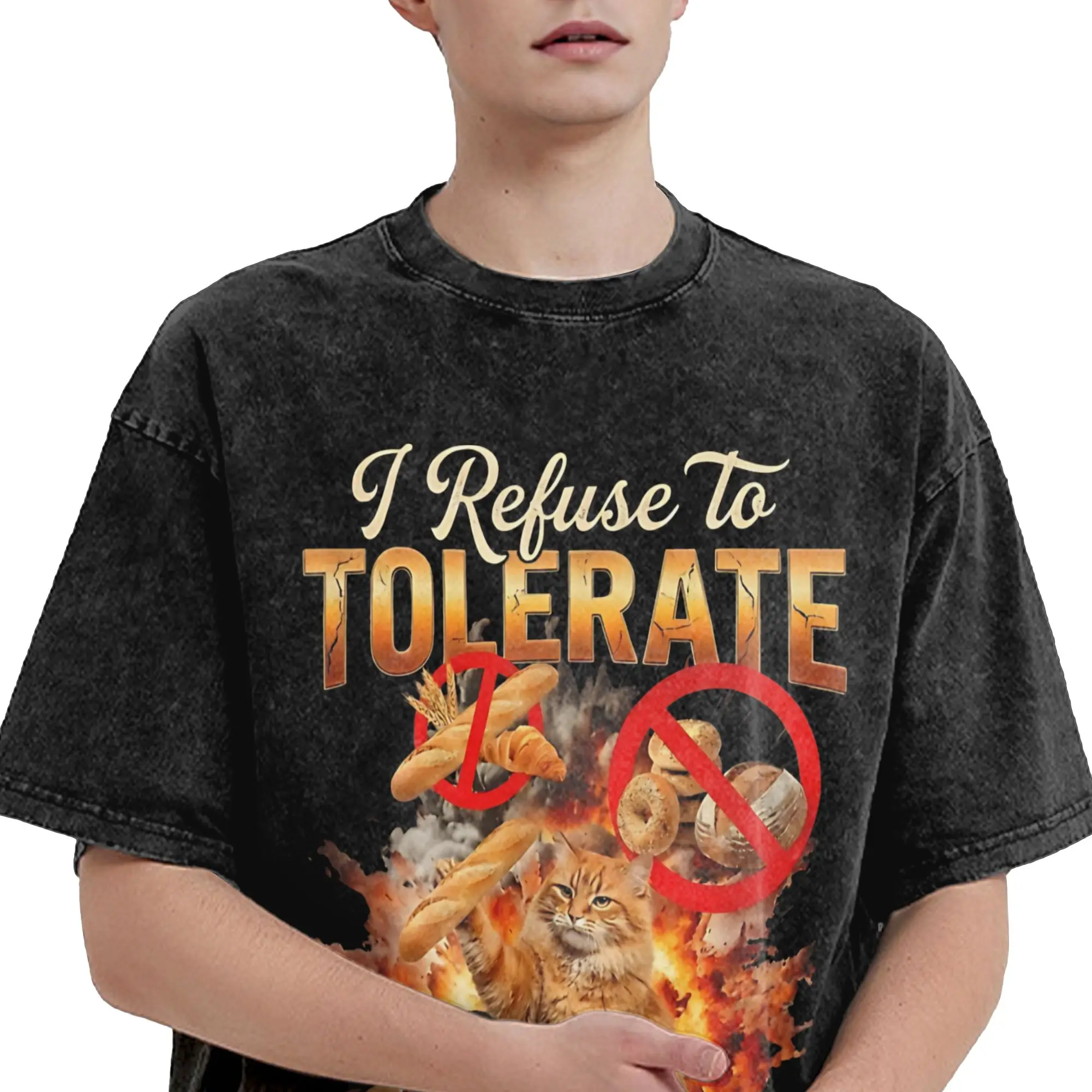 Harajuku Washed Shirts I Refuse To Tolerate Gluten Funny Cats Merch Fashion T Shirt High Street Short Sleeve Summer Tops Tees