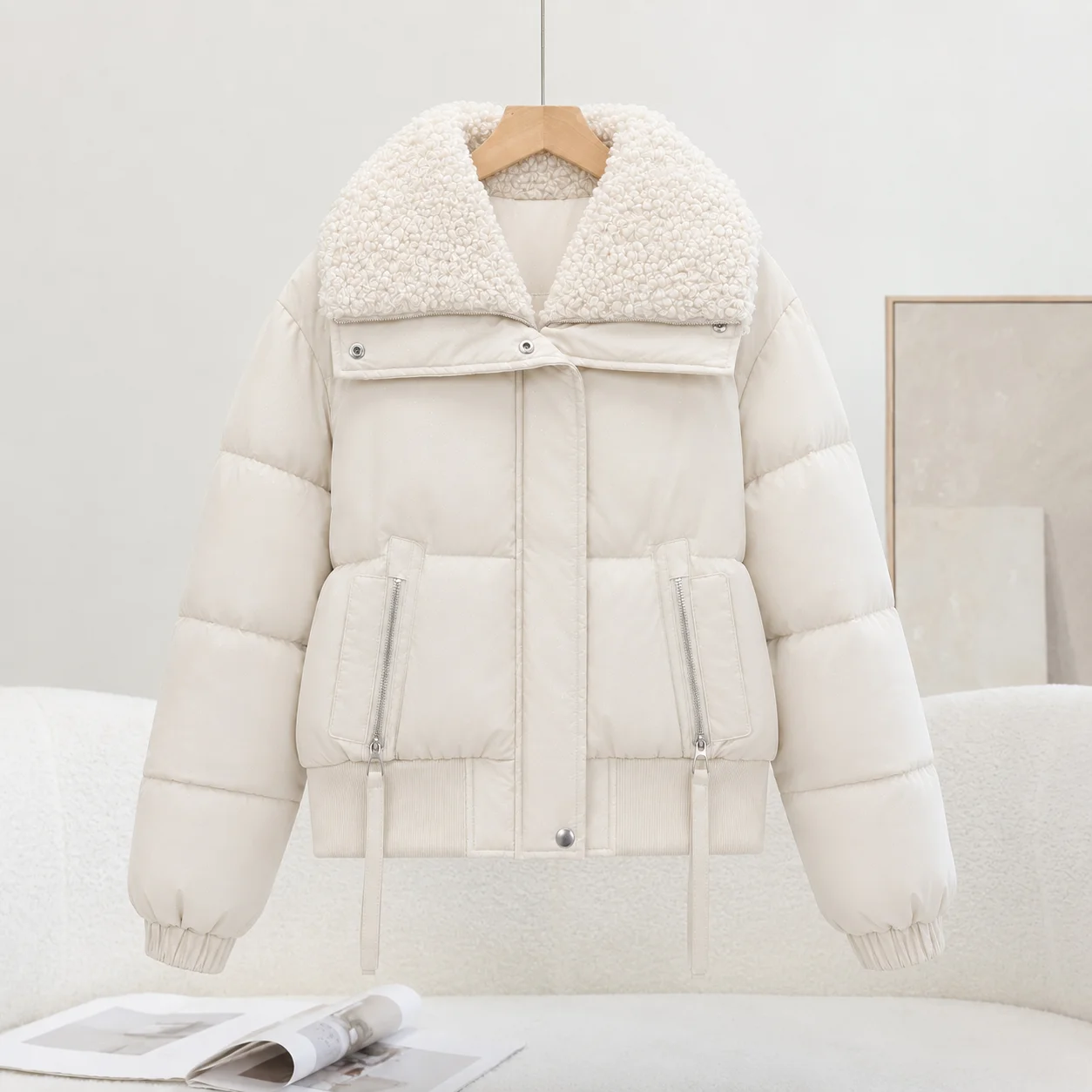 Women Cropped Parkas Jacket Teddy Fleece Big Collar Winter Warm Sparkly Quilted Coat Ladies Elastic Hem Zipper Pocket Outerwear