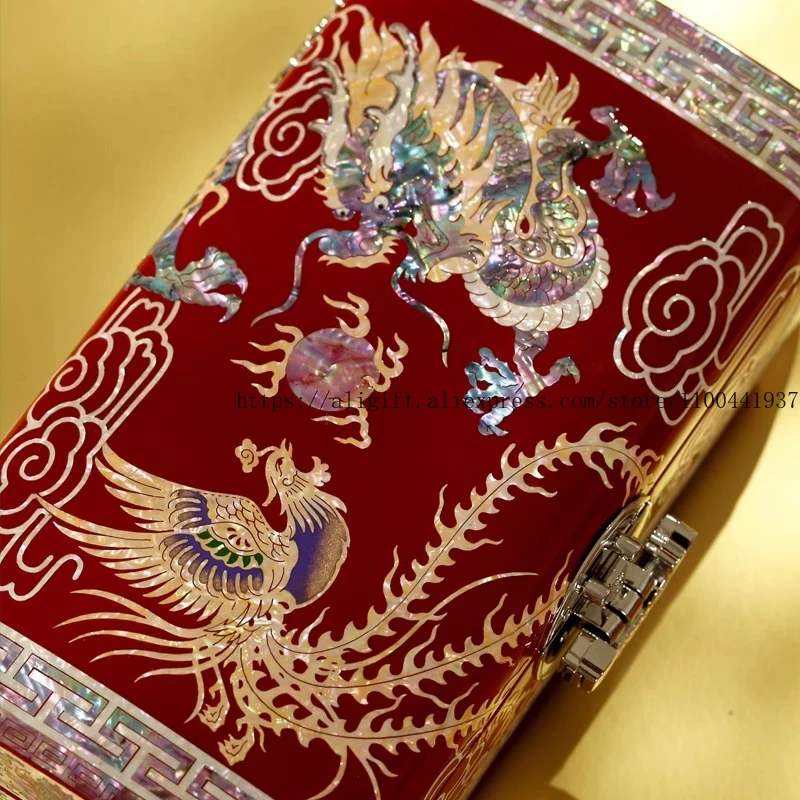 Chinese Lacquer Jewelry Box with Mother-of-Pearl Inlay Lock Wooden Jewelry Organizer Elegant Wedding Gift Box Bridal Dowry Chest