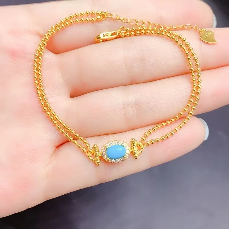 

Reconstituted Natural Turquoise Bracelet 4mm*6mm 0.5ct Treated Turquoise 925 Silver Bracelet with 18K Gold Plating