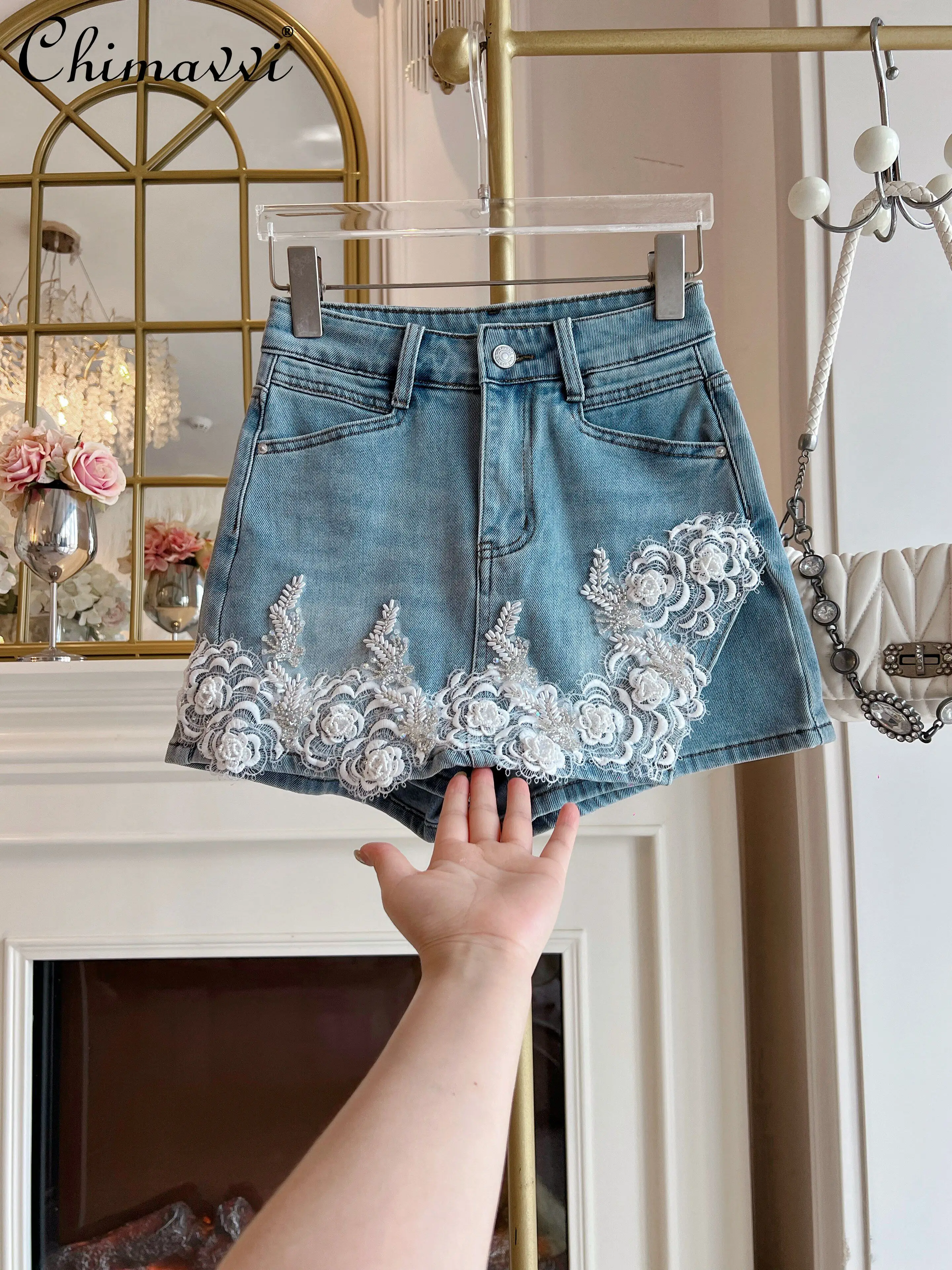 

Summer New High-end Rhinestone Embellished High-waisted Slimming Skirt Women's Fashion Asymmetrical High-waisted A-line Shorts