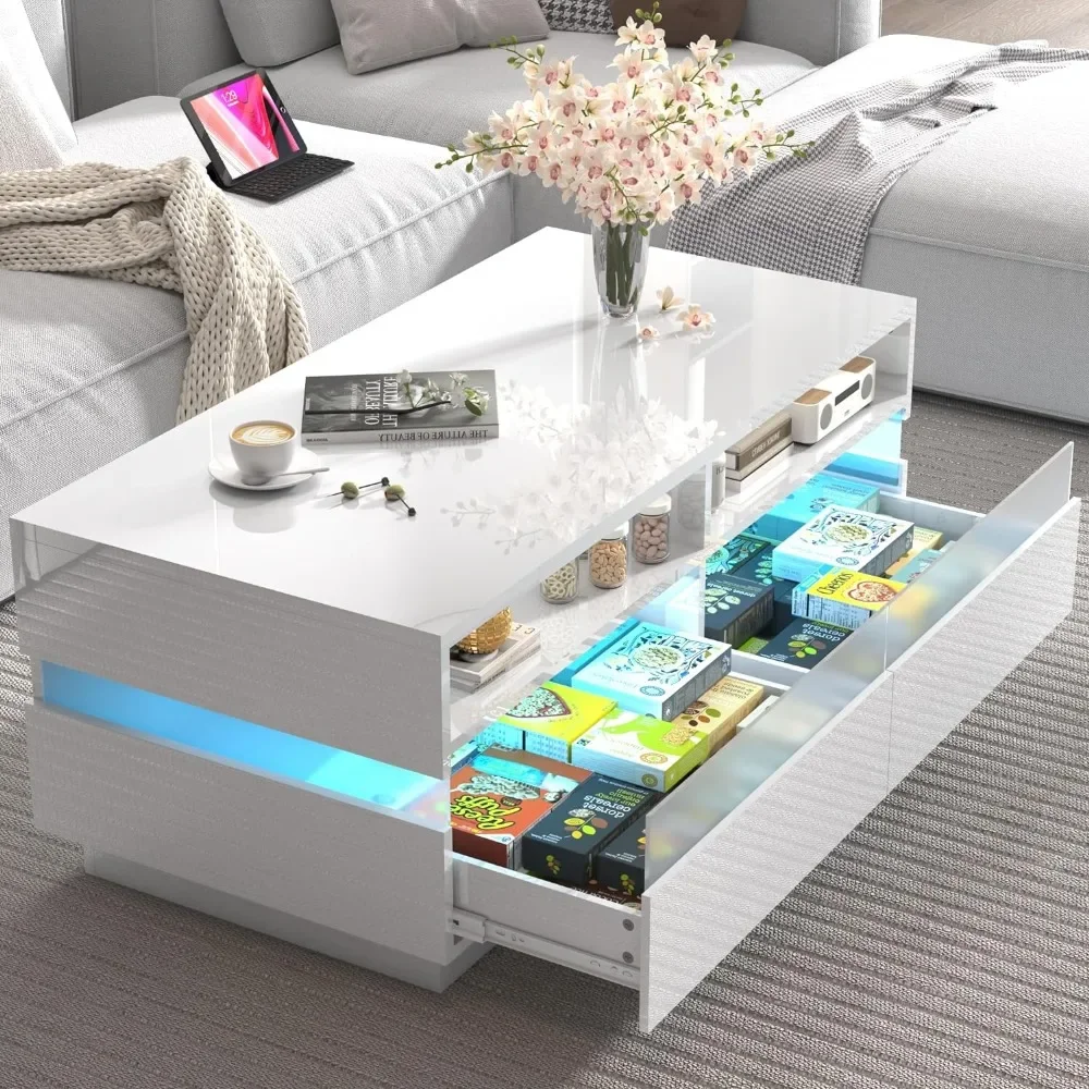 Coffee Table, Modern High Glossy LED Coffees Tables W/ 2 Storage Drawers, Coffee Table