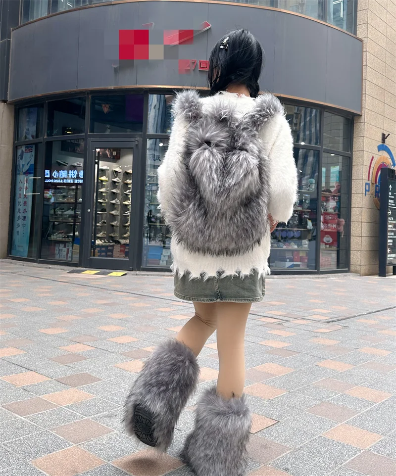 Brand Designer Plush Women's backpack Casual Drawstring Raccoon Fur School Bag Travel Bag 2023 Winter New Trend