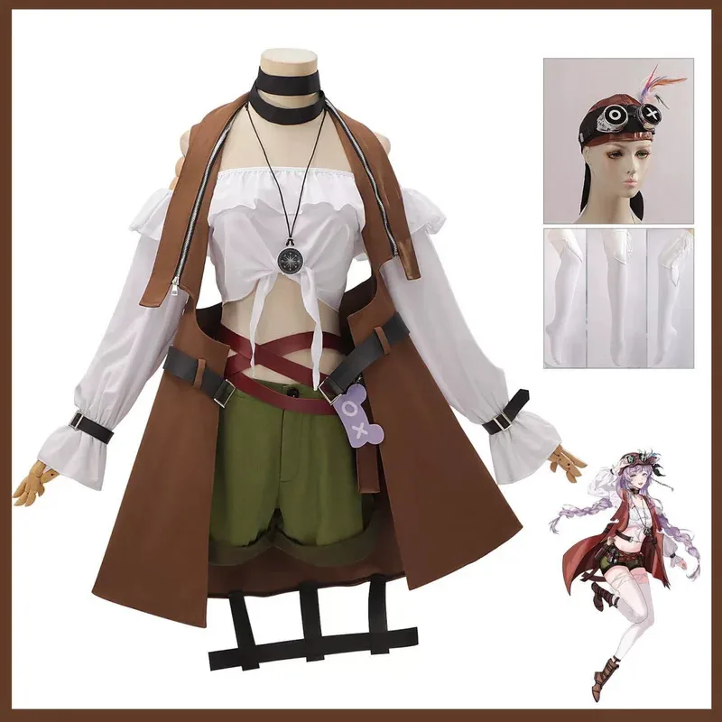 

Game Path To Nowhere Hella Cosplay Costume Brown Coat Cloak Shorts Hat Tube Tops Uniform Wig Woman Sexy Carnival Party Suitx;2'a