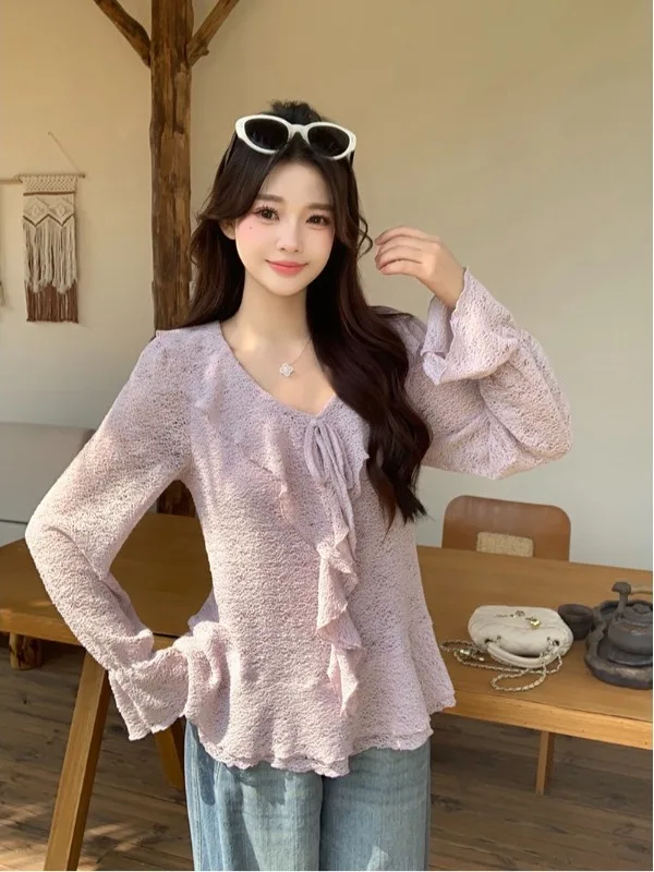 

Sweet Oversize Women's Long Sleeve Shirt V-Neck Slimming Gathered Hem Korean Style Spring New Arrival plus Size Inner Wear