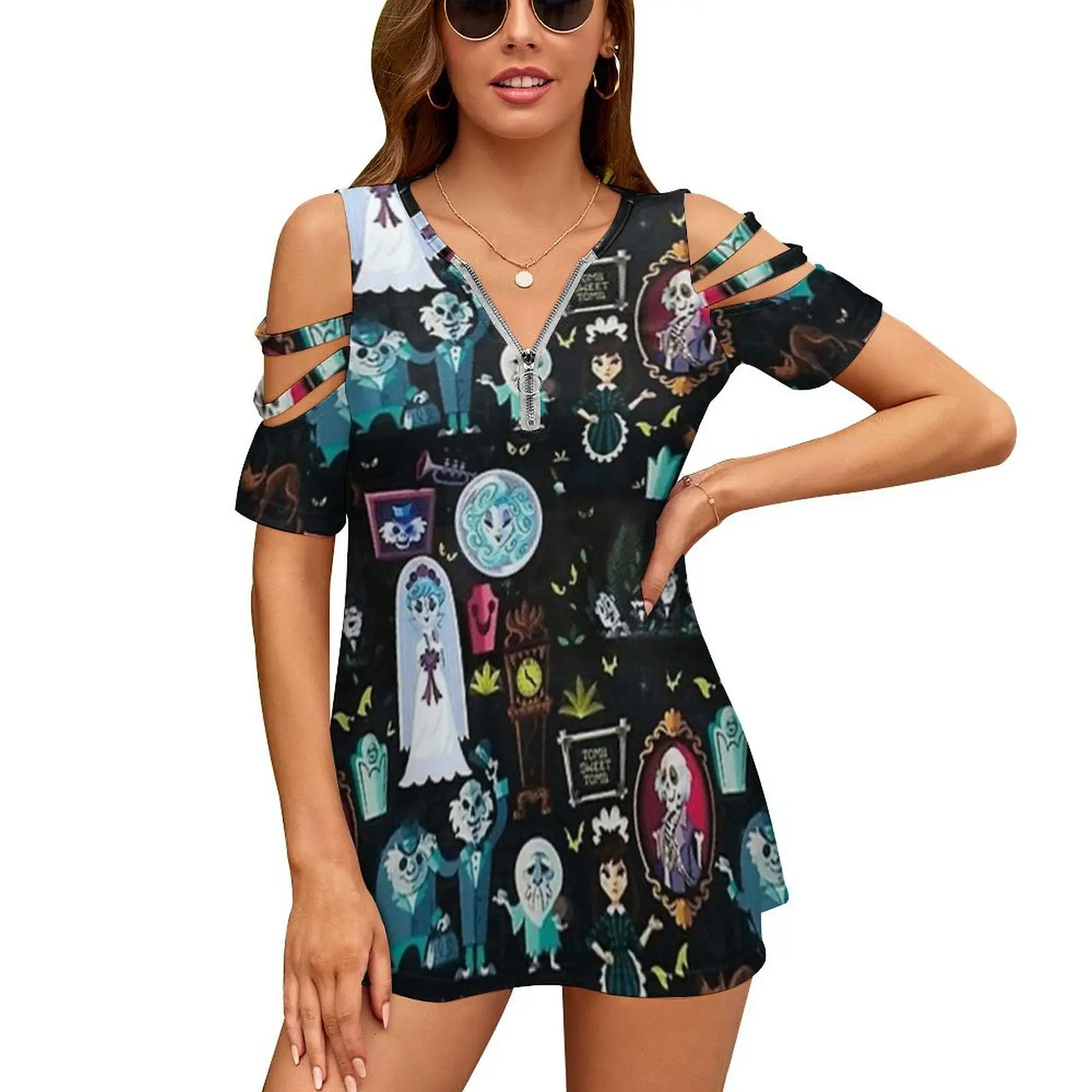

Pattern New Fashion Zip Off Shoulder Top Short-Sleeve Women Shirt Haunted Mansion 999 Ghosts Land Haunted House Madame Leota
