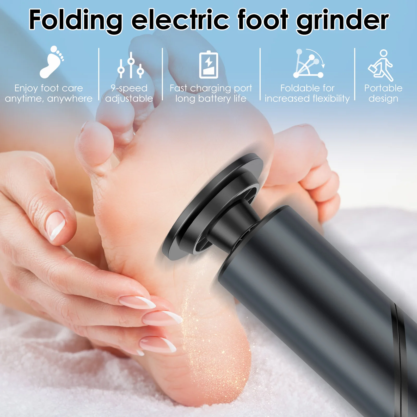 Elektrischer Hornhautentferner, faltbares Pediküre-Werkzeug mit Schleifpapier und Schleifkopf, verstellbare 9-Gang-Fußfeile, Hornhautentferner