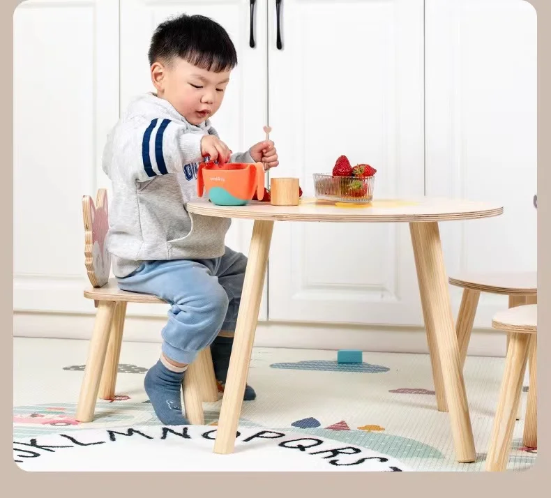 Crianças simulação de madeira móveis internos raposa cão bezerro mesa e cadeira combinação bebê aprender a ler mesa de jogo dos desenhos animados