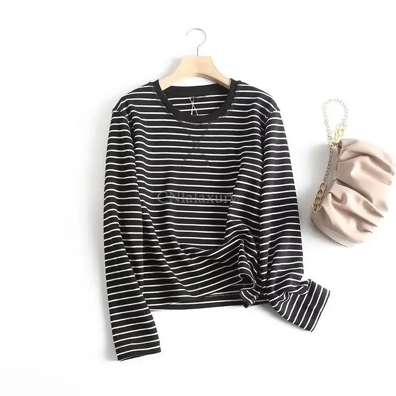 CNlalaxury  Woman Spring Autumn Casual Striped T-shirt Round Neck Simple Pullover Long Sleeve O-neck T-shirts Commuter Basic Top