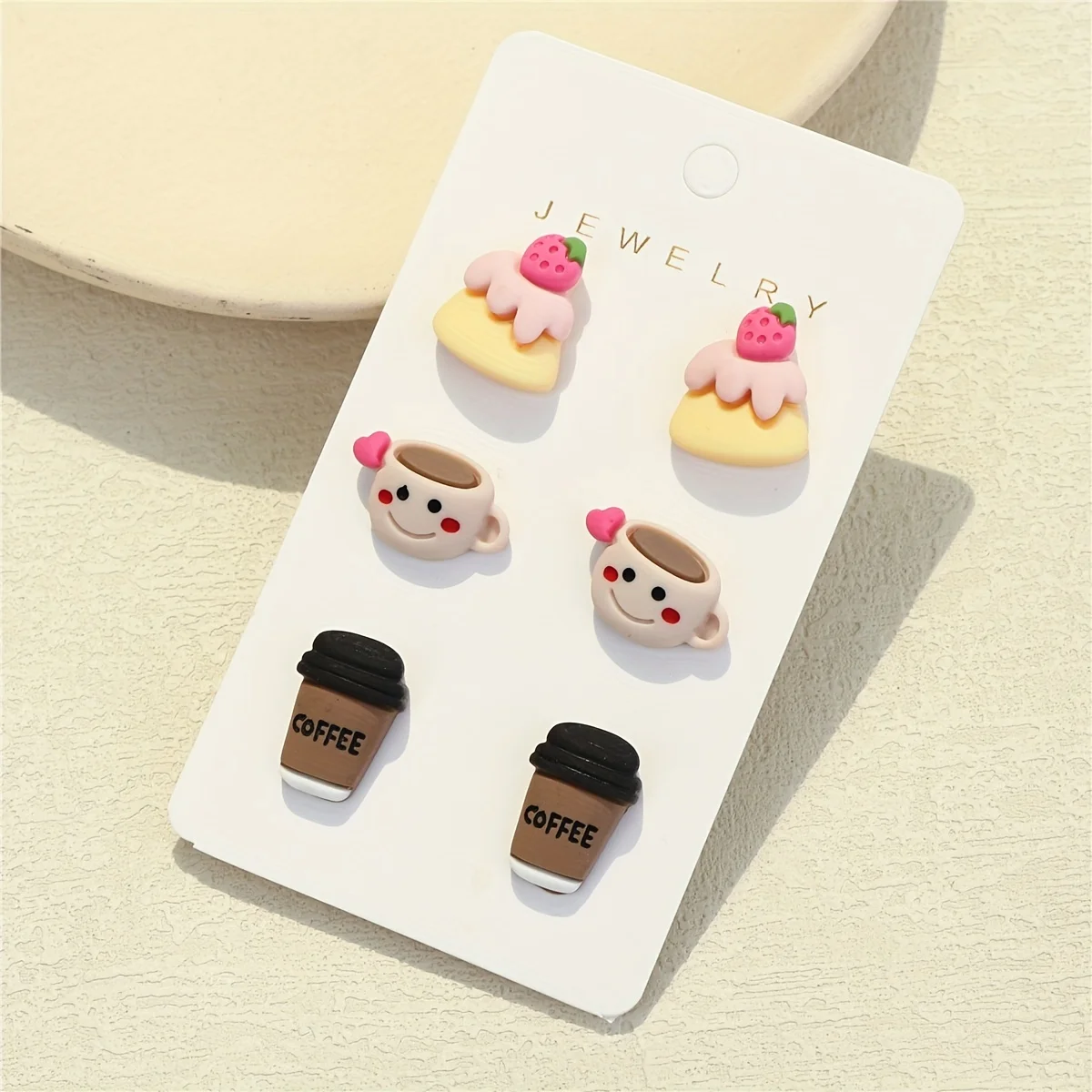 3Pairs/Set Cute Polyresin Cartoon Strawberry Cake & Coffee Cup Stud Earrings for Women for Daily Decoration