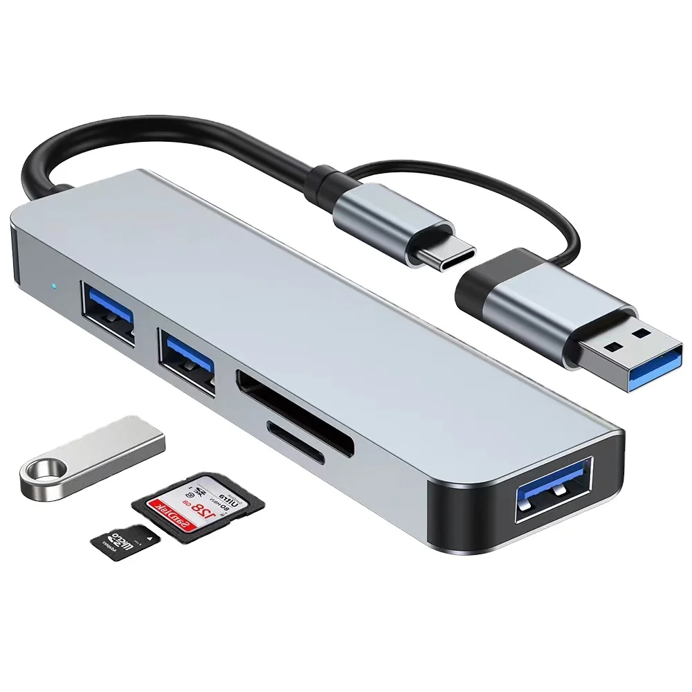 5 in 2 Aluminum Alloy Multiport Adapter USB‑C & USB3.0 Hub with SD TF Card Reader 1×USB3.0 + 2×USB2.0 Ports for Laptop Desktop