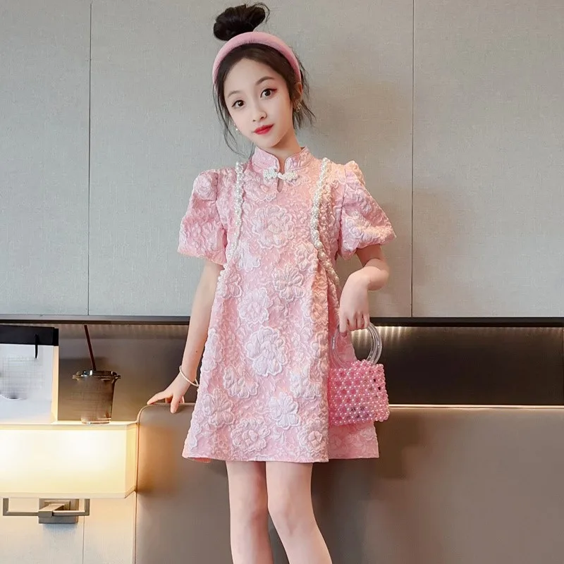 

Летнее дышащее платье-ципао для девочек, улучшенная детская юбка-ханьфу, китайское платье-ципао с коротким рукавом для детей LJ304