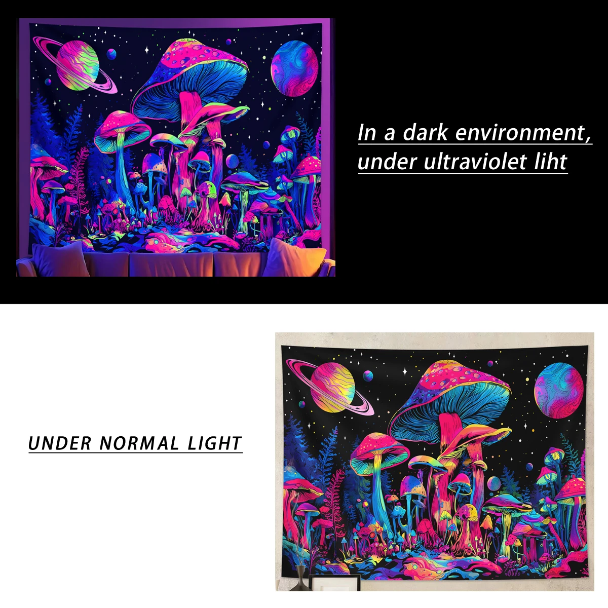 1pc Fluorescent mushroom tapestry, UV tapestry, dreamy mushroom plant black light tapestry, room and living room decoration view 5
