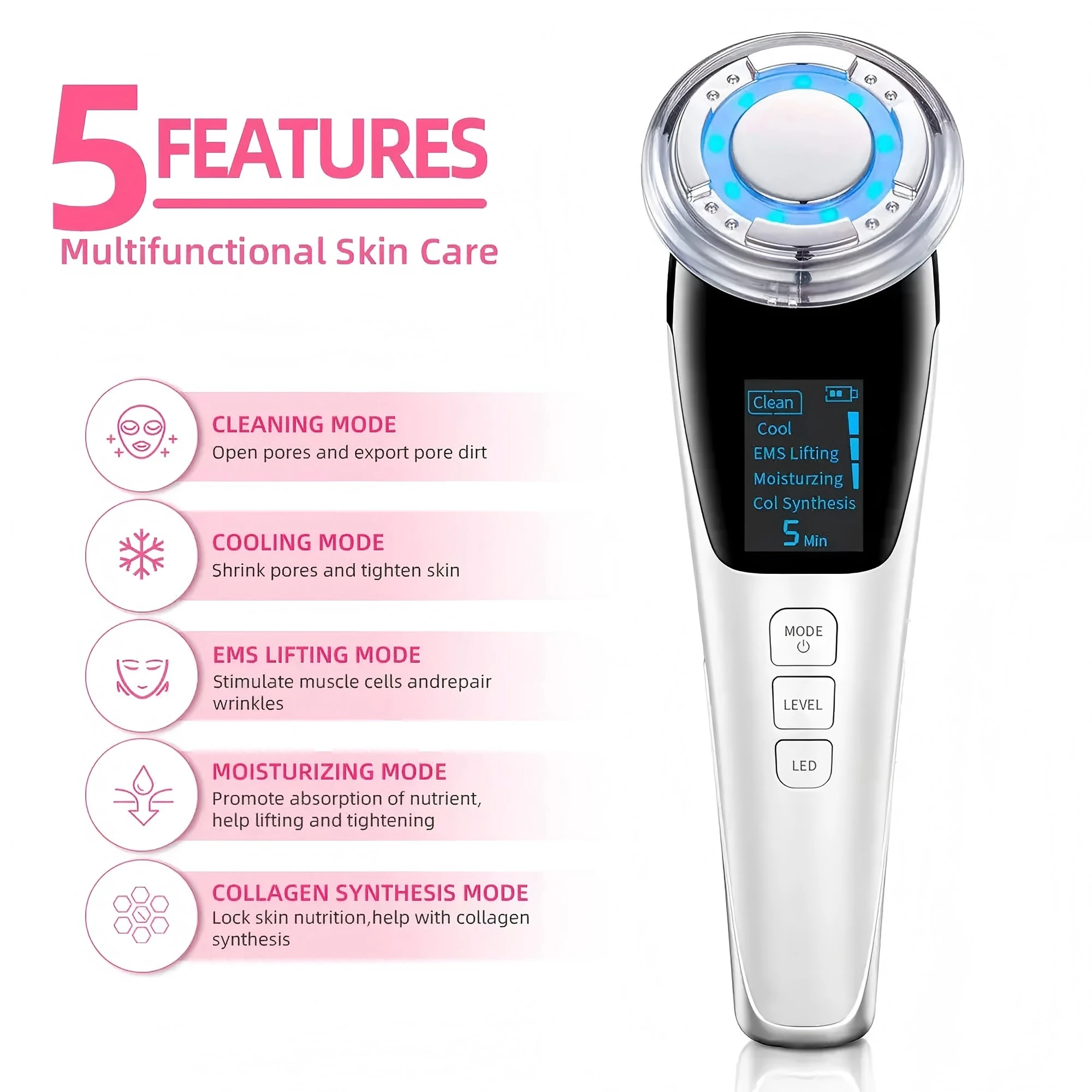 Appareil de beauté du visage à microcourant avec Massage chaud et frais, lumière rouge et bleue, Machine de serrage de la peau du visage et du cou, outil de nettoyage en profondeur des pores