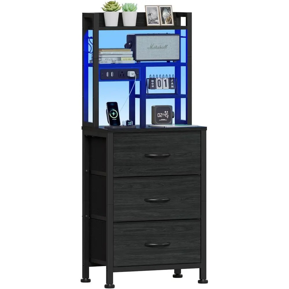 

Tall Nightstand with 3 Fabric Drawers, LED Lights, and Bookshelf, 45.3 High Bedside Tables with USB Ports for Bedroom, Dorm, or