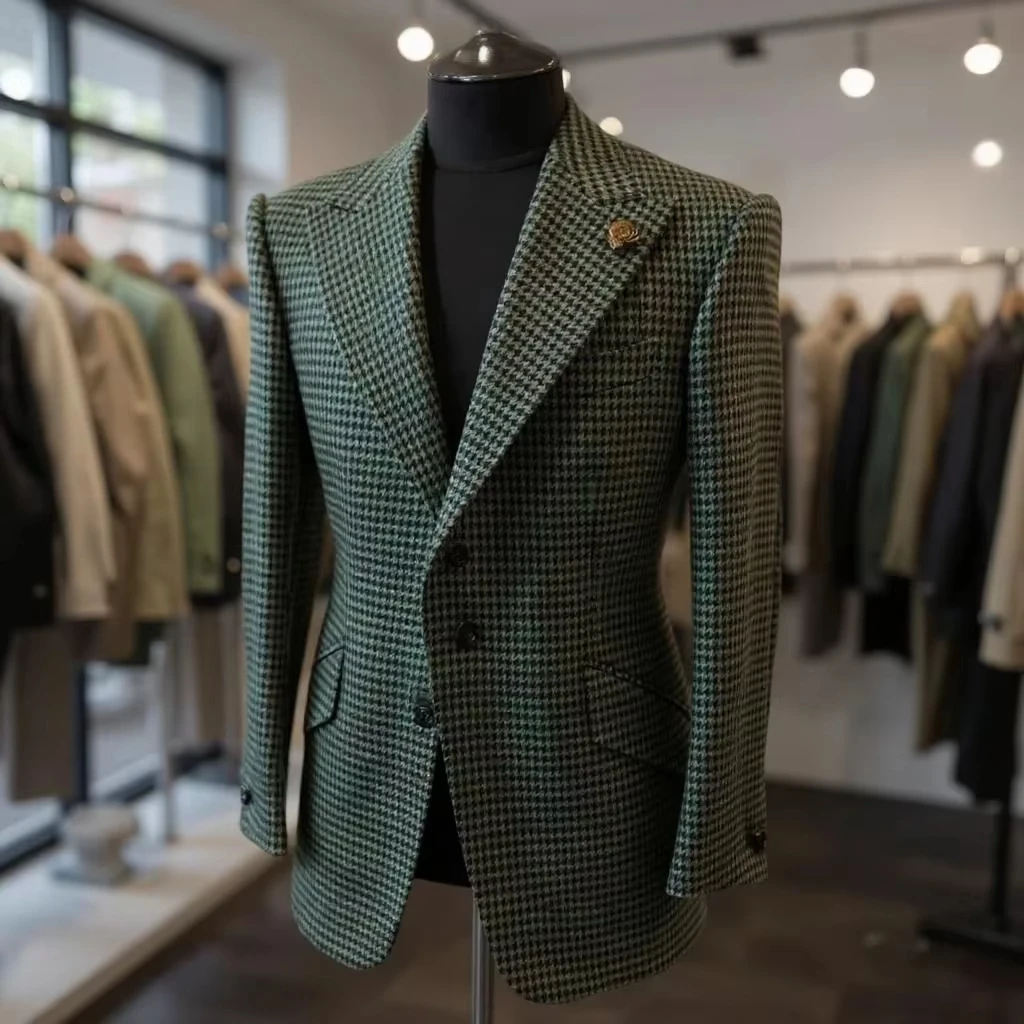 

Houndstooth Men's Suits Blazers Autumn Winter Casual Green Slim Fit Groom Tuxedos For Wedding Party Jacket Sport Coats