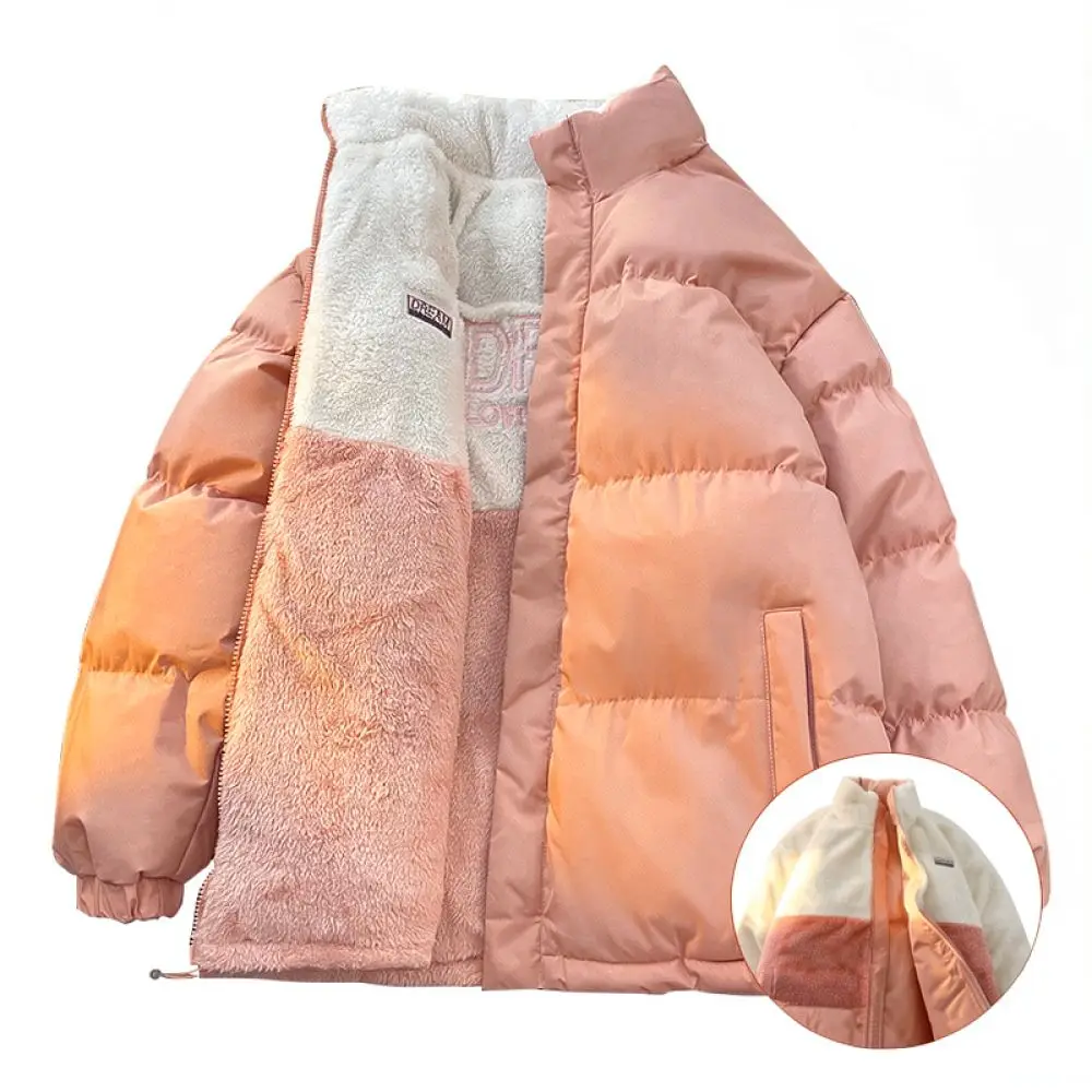 Mens Winter Thickened Puffer Jacket Reversible Lambswool Coat Warm Outwear Fashion Casual Loose Fit Style Windproof