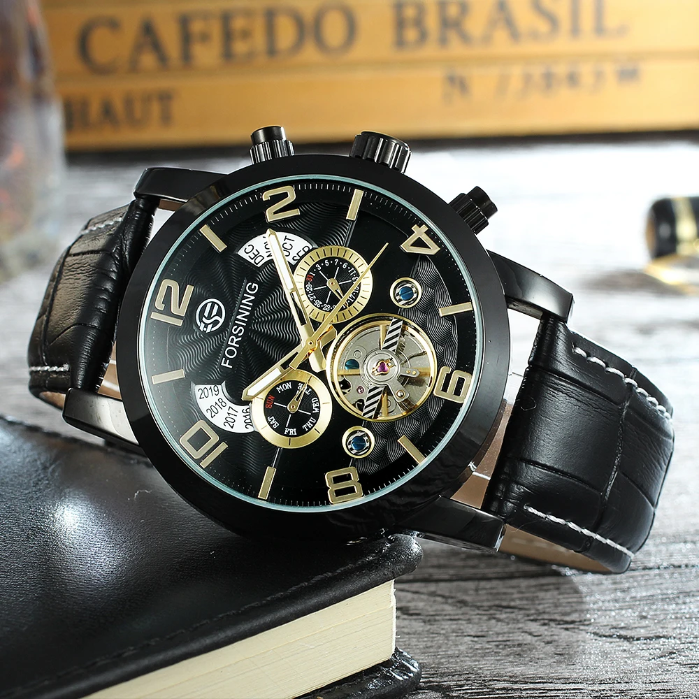 FORSINING Fashion Casual Men's Watch Automatic Mechanical Calendar Week Tourbillon Leather Strap Waterproof Business Wristwatch
