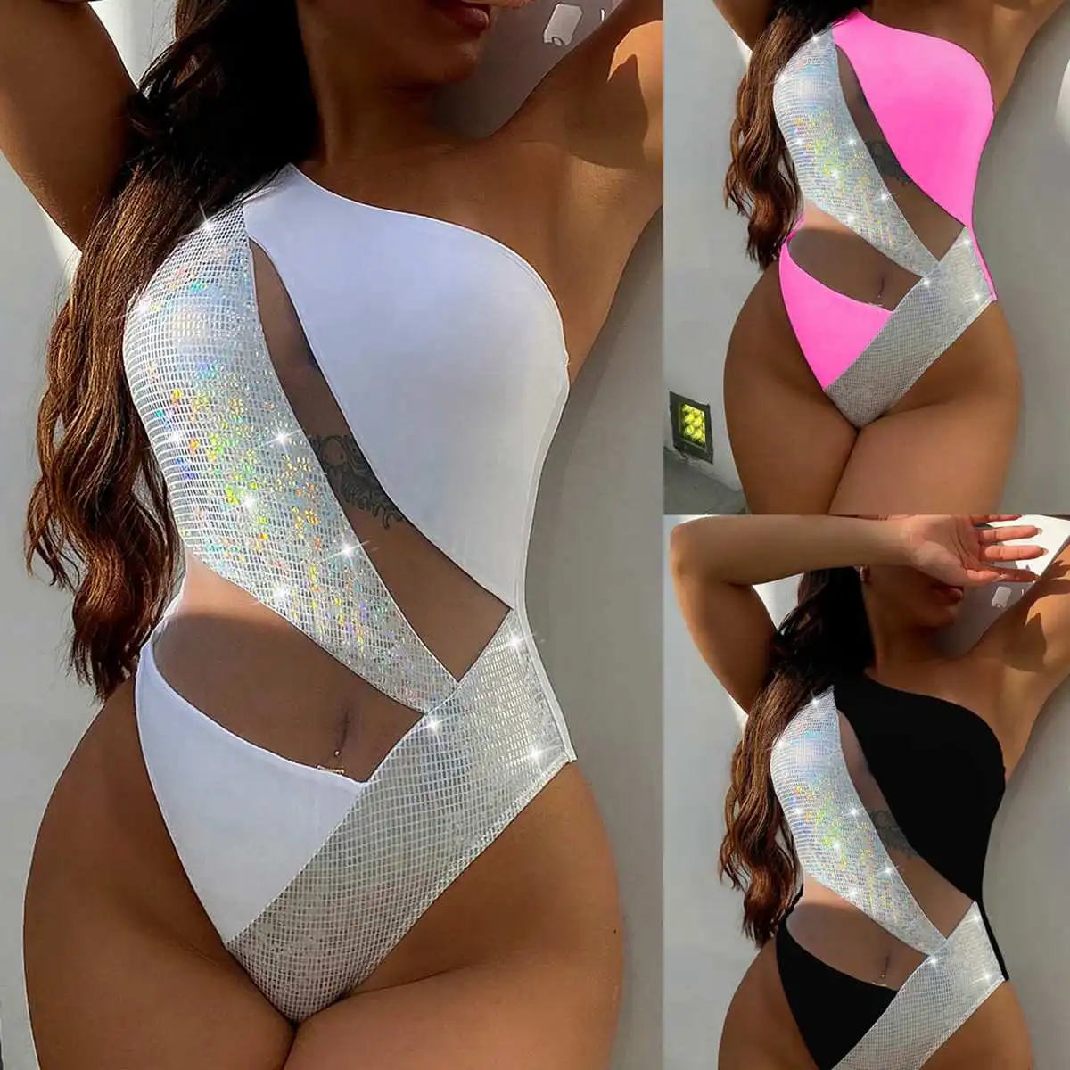 

Wholesale Women's Sexy Mesh One Piece Eye-catching Swimwear Lady Stylish Single Shoulder Swimsuit Hot Summer Bathingsuit