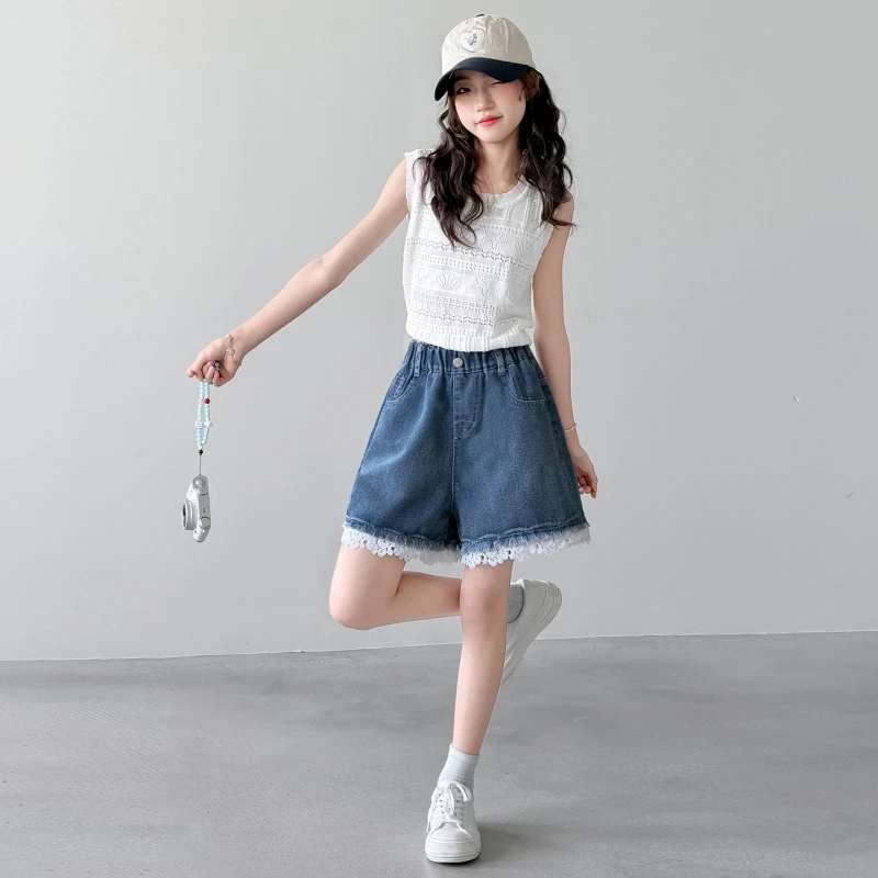 Kids Girls A Line Denim Shorts Lace Fringe Hem Elastic High Waist Summer Loose Jean Shorts For 6-14 Years Old